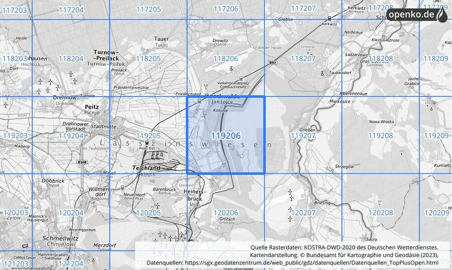 Übersichtskarte des KOSTRA-DWD-2020-Rasterfeldes Nr. 119206