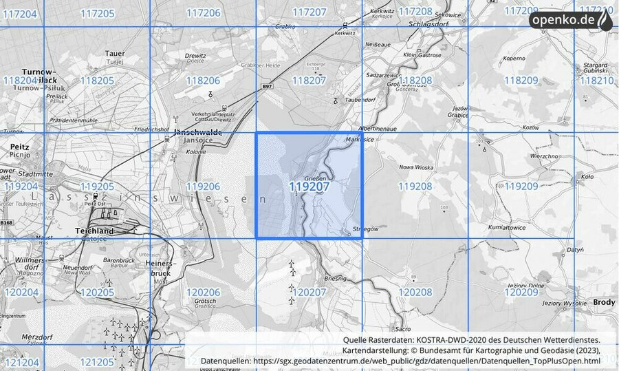 Übersichtskarte des KOSTRA-DWD-2020-Rasterfeldes Nr. 119207