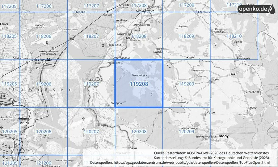 Übersichtskarte des KOSTRA-DWD-2020-Rasterfeldes Nr. 119208