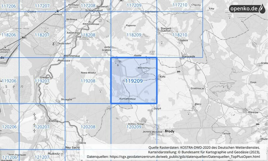 Übersichtskarte des KOSTRA-DWD-2020-Rasterfeldes Nr. 119209