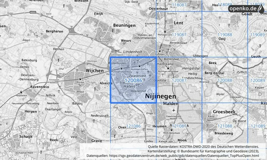 Übersichtskarte des KOSTRA-DWD-2020-Rasterfeldes Nr. 120086