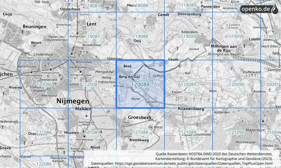 Übersichtskarte des KOSTRA-DWD-2020-Rasterfeldes Nr. 120088