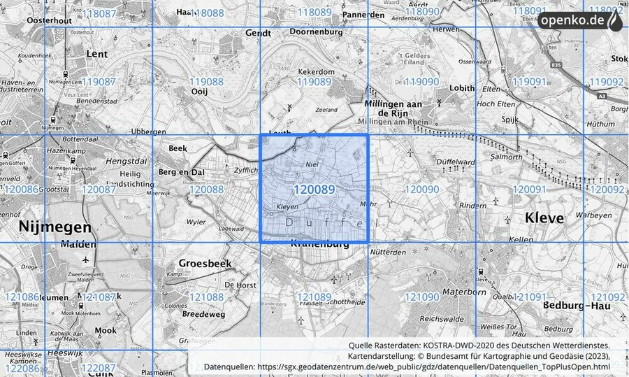 Übersichtskarte des KOSTRA-DWD-2020-Rasterfeldes Nr. 120089