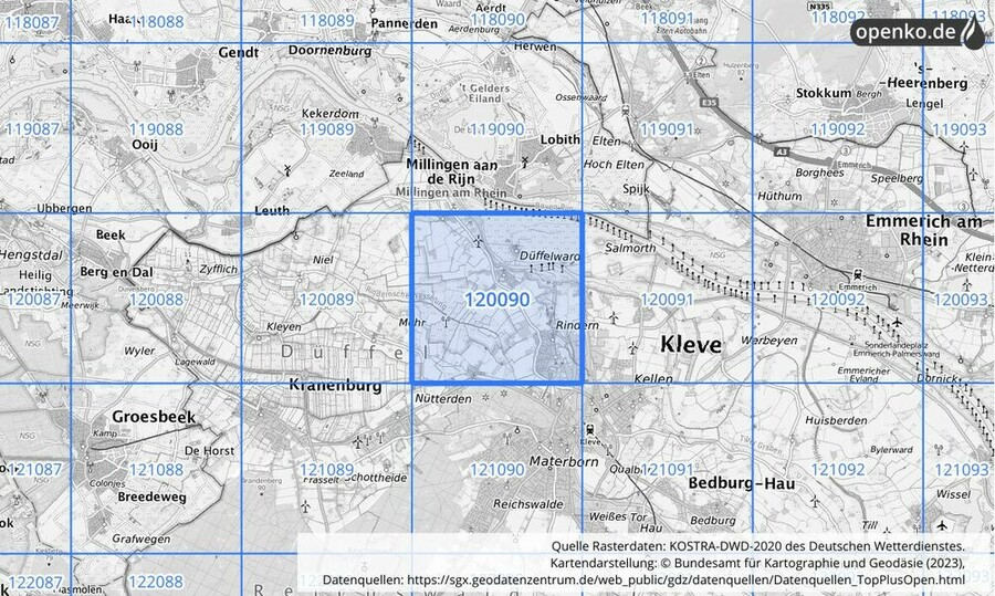 Übersichtskarte des KOSTRA-DWD-2020-Rasterfeldes Nr. 120090