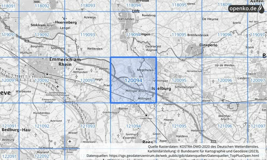 Übersichtskarte des KOSTRA-DWD-2020-Rasterfeldes Nr. 120094