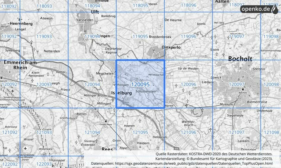 Übersichtskarte des KOSTRA-DWD-2020-Rasterfeldes Nr. 120095