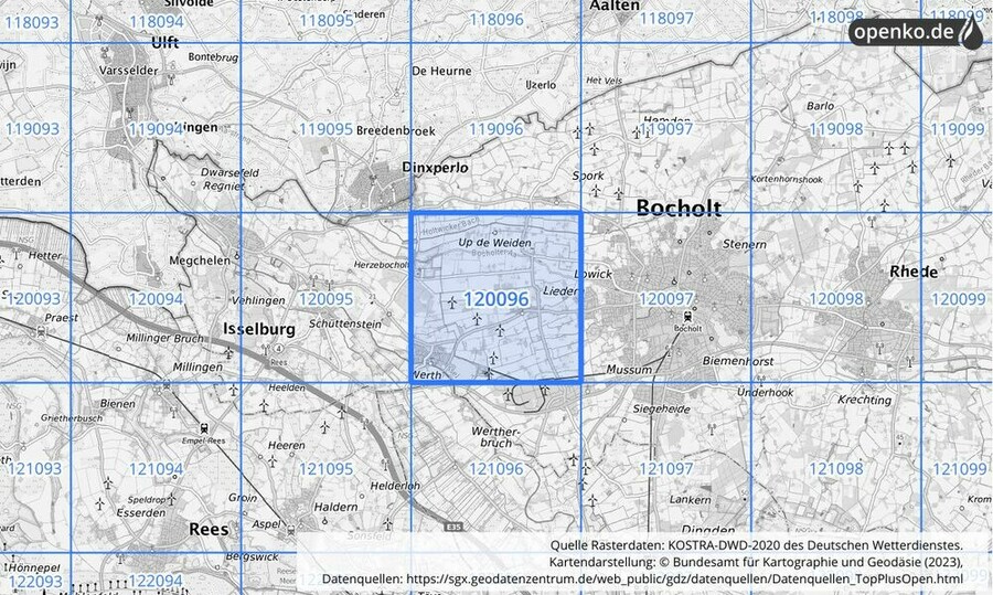 Übersichtskarte des KOSTRA-DWD-2020-Rasterfeldes Nr. 120096