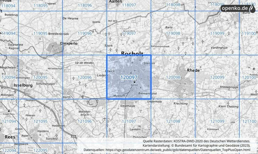 Übersichtskarte des KOSTRA-DWD-2020-Rasterfeldes Nr. 120097