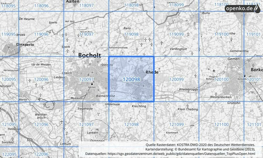 Übersichtskarte des KOSTRA-DWD-2020-Rasterfeldes Nr. 120098