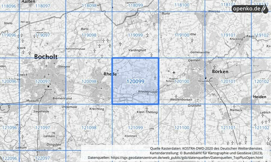 Übersichtskarte des KOSTRA-DWD-2020-Rasterfeldes Nr. 120099