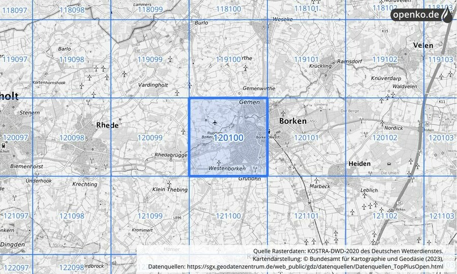 Übersichtskarte des KOSTRA-DWD-2020-Rasterfeldes Nr. 120100