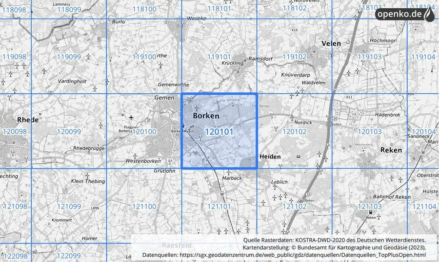 Übersichtskarte des KOSTRA-DWD-2020-Rasterfeldes Nr. 120101