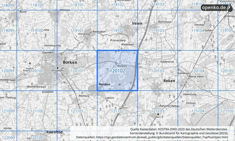 Übersichtskarte des KOSTRA-DWD-2020-Rasterfeldes Nr. 120102