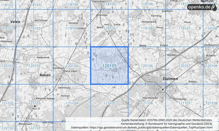 Übersichtskarte des KOSTRA-DWD-2020-Rasterfeldes Nr. 120105