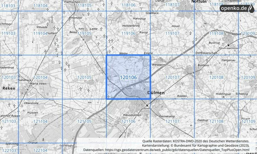 Übersichtskarte des KOSTRA-DWD-2020-Rasterfeldes Nr. 120106