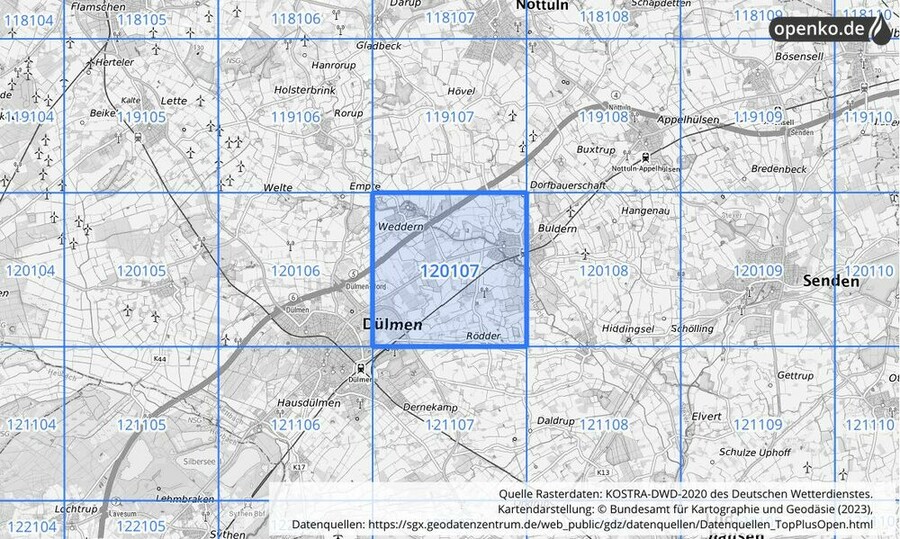 Übersichtskarte des KOSTRA-DWD-2020-Rasterfeldes Nr. 120107