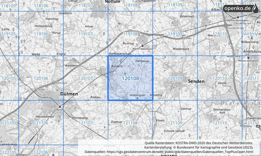 Übersichtskarte des KOSTRA-DWD-2020-Rasterfeldes Nr. 120108