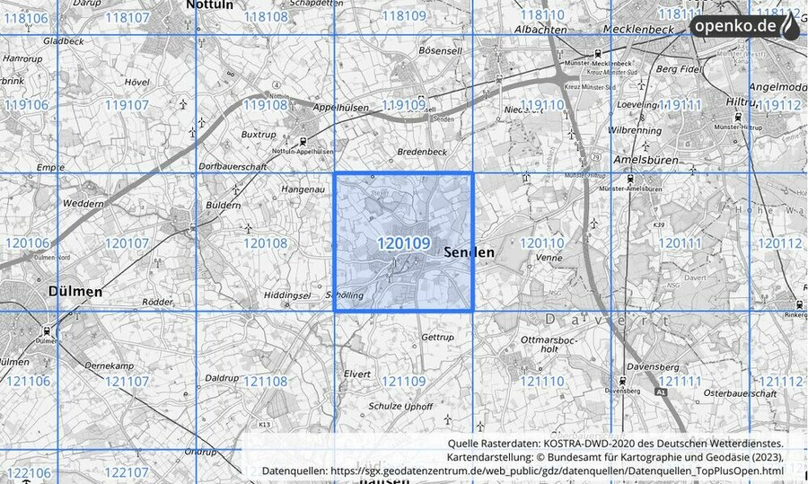 Übersichtskarte des KOSTRA-DWD-2020-Rasterfeldes Nr. 120109