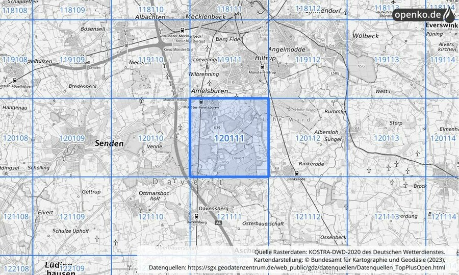 Übersichtskarte des KOSTRA-DWD-2020-Rasterfeldes Nr. 120111