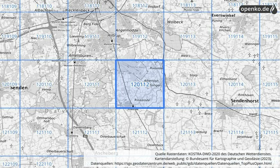 Übersichtskarte des KOSTRA-DWD-2020-Rasterfeldes Nr. 120112