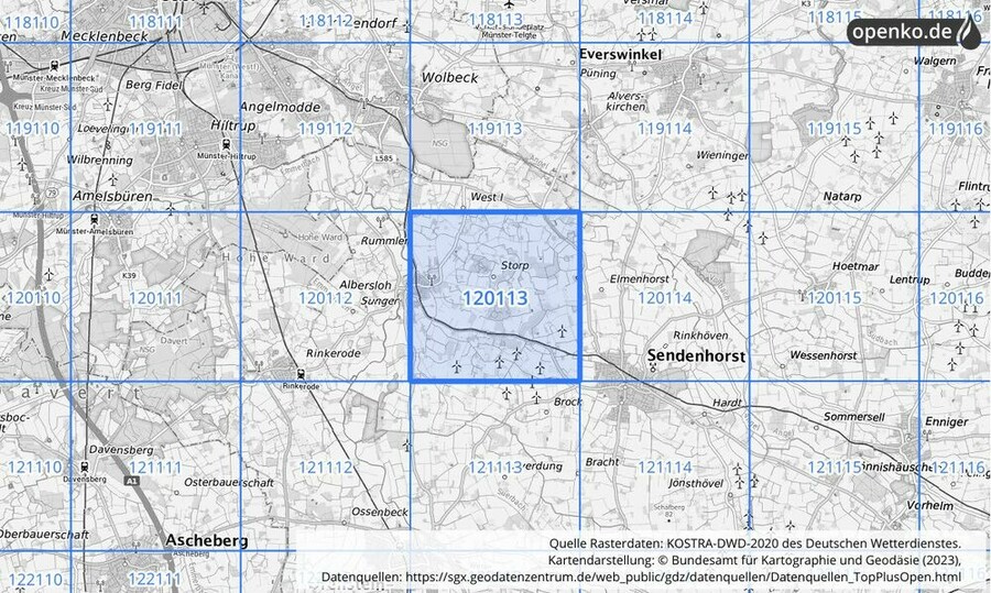 Übersichtskarte des KOSTRA-DWD-2020-Rasterfeldes Nr. 120113