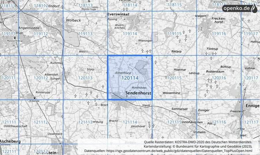 Übersichtskarte des KOSTRA-DWD-2020-Rasterfeldes Nr. 120114