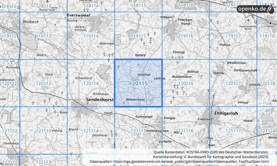 Übersichtskarte des KOSTRA-DWD-2020-Rasterfeldes Nr. 120115