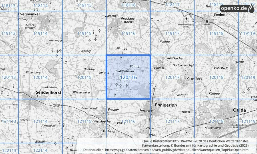 Übersichtskarte des KOSTRA-DWD-2020-Rasterfeldes Nr. 120116