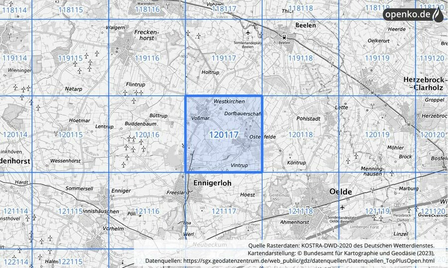 Übersichtskarte des KOSTRA-DWD-2020-Rasterfeldes Nr. 120117