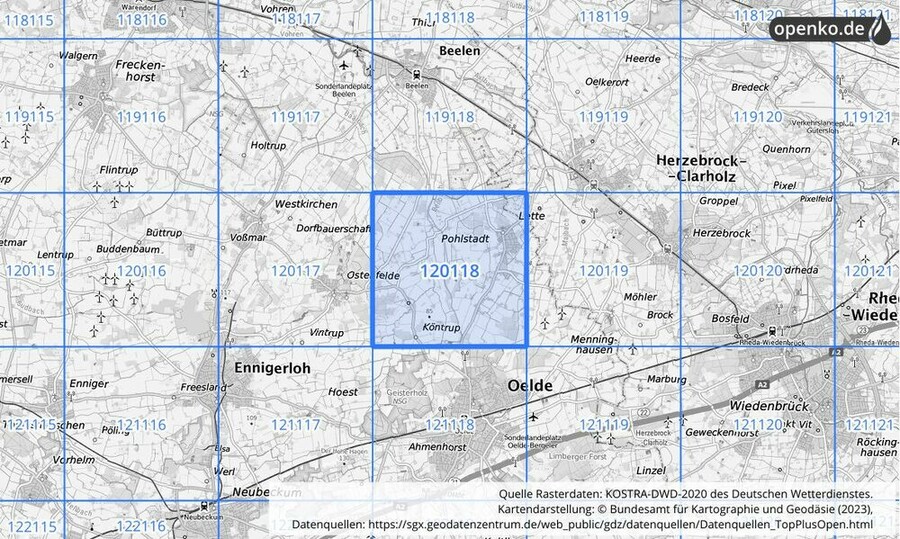 Übersichtskarte des KOSTRA-DWD-2020-Rasterfeldes Nr. 120118