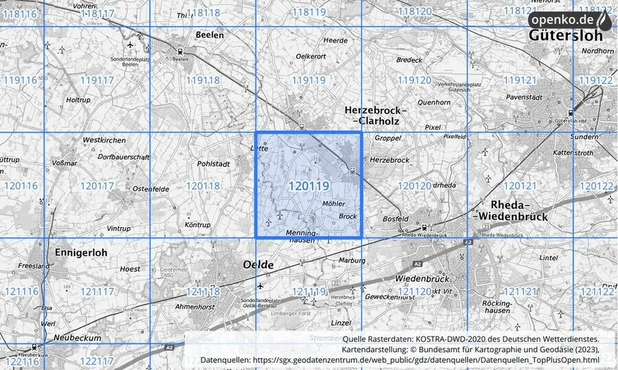 Übersichtskarte des KOSTRA-DWD-2020-Rasterfeldes Nr. 120119