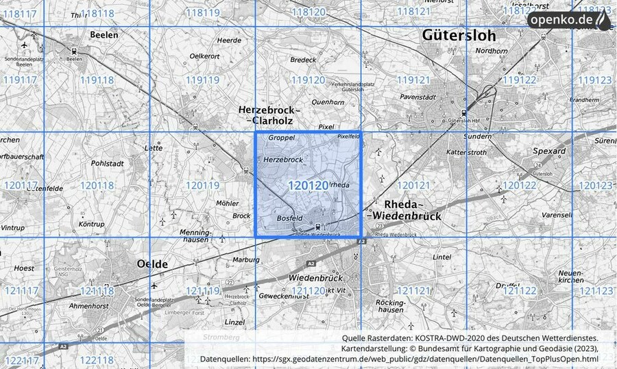 Übersichtskarte des KOSTRA-DWD-2020-Rasterfeldes Nr. 120120