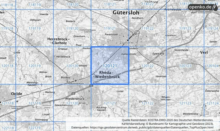 Übersichtskarte des KOSTRA-DWD-2020-Rasterfeldes Nr. 120121