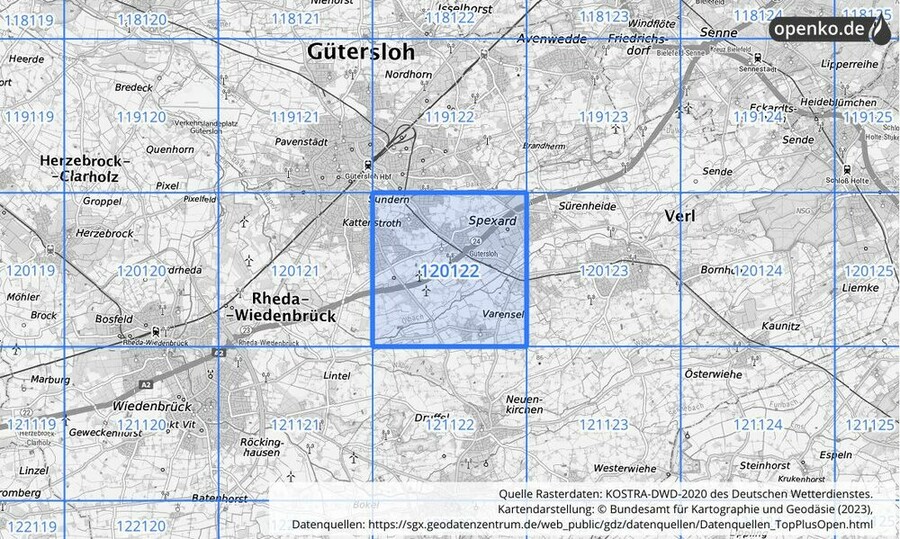 Übersichtskarte des KOSTRA-DWD-2020-Rasterfeldes Nr. 120122