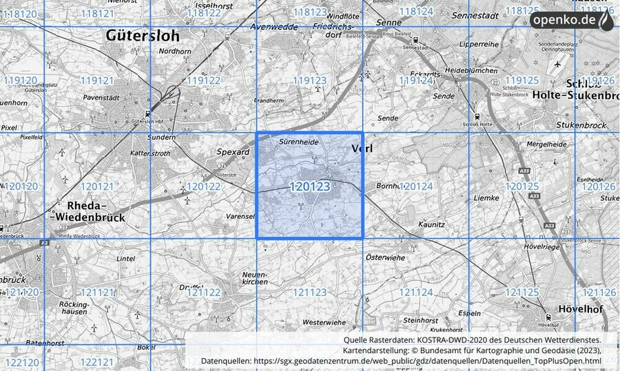 Übersichtskarte des KOSTRA-DWD-2020-Rasterfeldes Nr. 120123