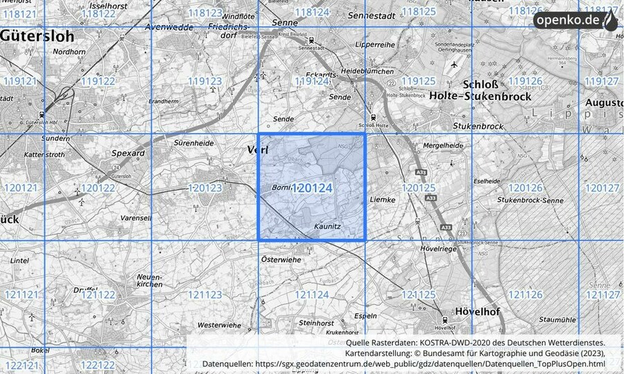 Übersichtskarte des KOSTRA-DWD-2020-Rasterfeldes Nr. 120124