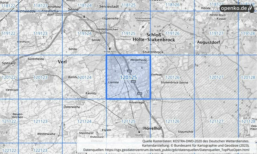 Übersichtskarte des KOSTRA-DWD-2020-Rasterfeldes Nr. 120125