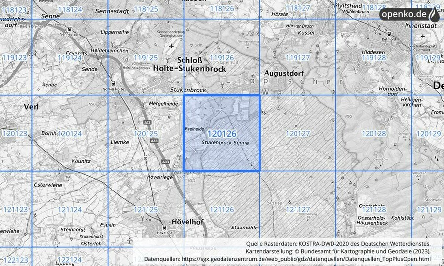 Übersichtskarte des KOSTRA-DWD-2020-Rasterfeldes Nr. 120126