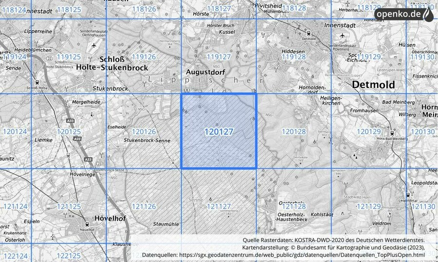 Übersichtskarte des KOSTRA-DWD-2020-Rasterfeldes Nr. 120127