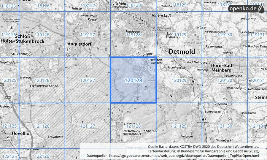 Übersichtskarte des KOSTRA-DWD-2020-Rasterfeldes Nr. 120128