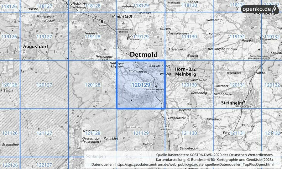 Übersichtskarte des KOSTRA-DWD-2020-Rasterfeldes Nr. 120129