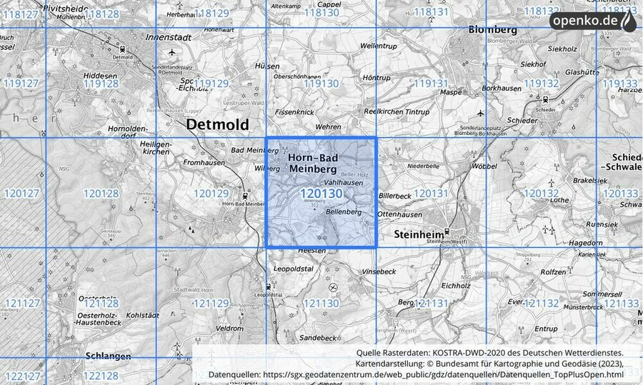 Übersichtskarte des KOSTRA-DWD-2020-Rasterfeldes Nr. 120130