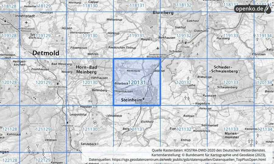 Übersichtskarte des KOSTRA-DWD-2020-Rasterfeldes Nr. 120131