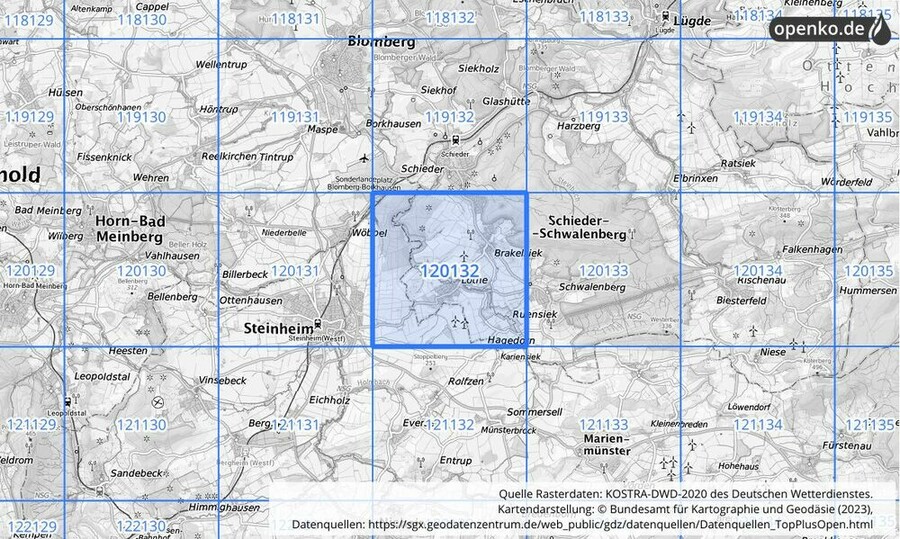 Übersichtskarte des KOSTRA-DWD-2020-Rasterfeldes Nr. 120132