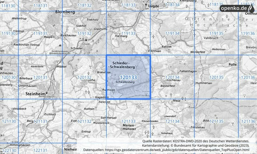 Übersichtskarte des KOSTRA-DWD-2020-Rasterfeldes Nr. 120133