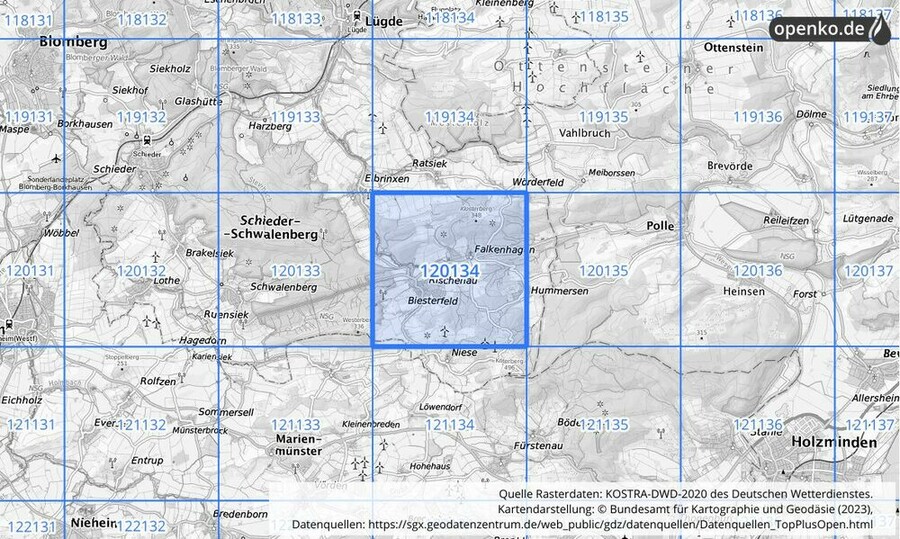 Übersichtskarte des KOSTRA-DWD-2020-Rasterfeldes Nr. 120134