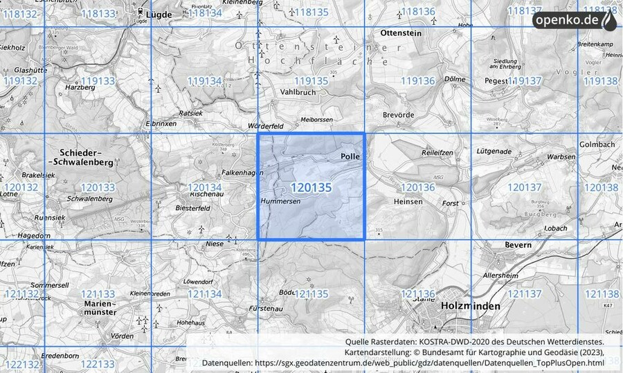 Übersichtskarte des KOSTRA-DWD-2020-Rasterfeldes Nr. 120135