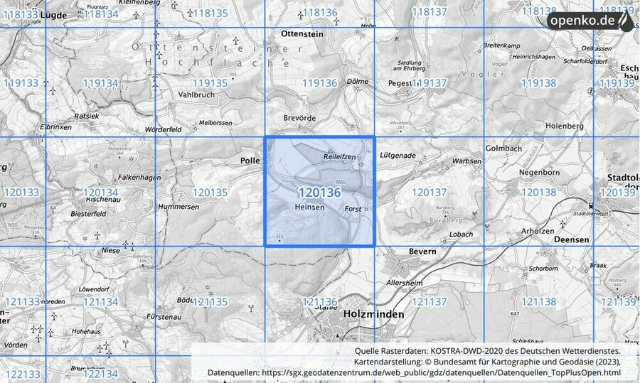 Übersichtskarte des KOSTRA-DWD-2020-Rasterfeldes Nr. 120136