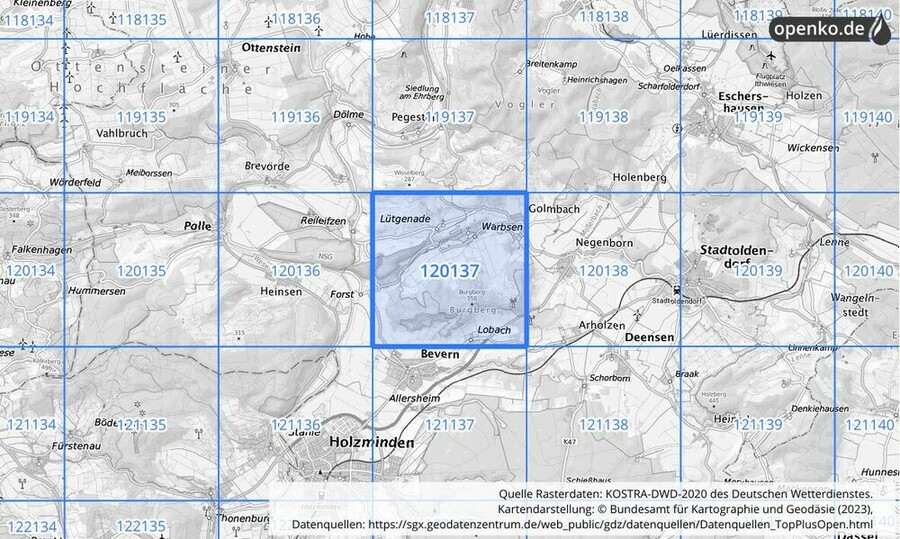 Übersichtskarte des KOSTRA-DWD-2020-Rasterfeldes Nr. 120137