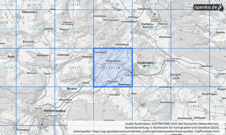 Übersichtskarte des KOSTRA-DWD-2020-Rasterfeldes Nr. 120138